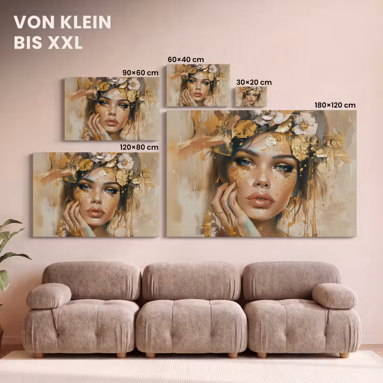 Leinwandbild - Frau - Blumen - Gold - Porträt — 6
