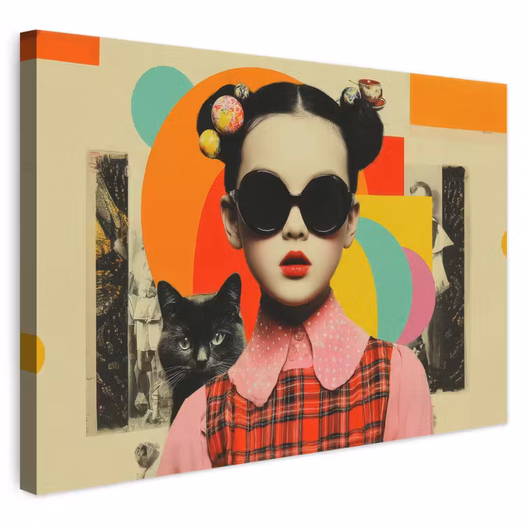 Leinwandbild - Mädchen - Sonnenbrille - Katze - Retro — 1