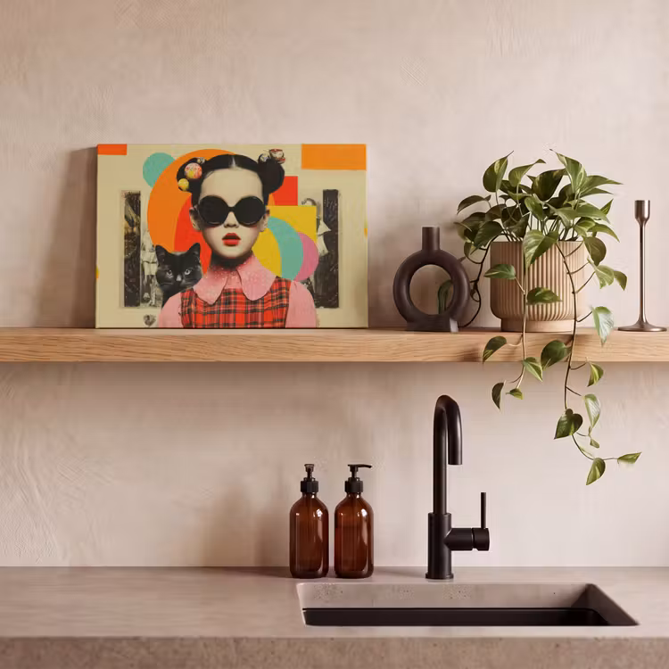 Leinwandbild - Mädchen - Sonnenbrille - Katze - Retro — 3