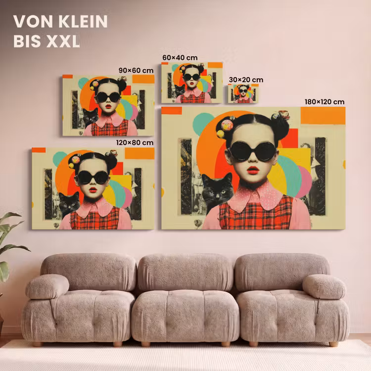 Leinwandbild - Mädchen - Sonnenbrille - Katze - Retro — 6