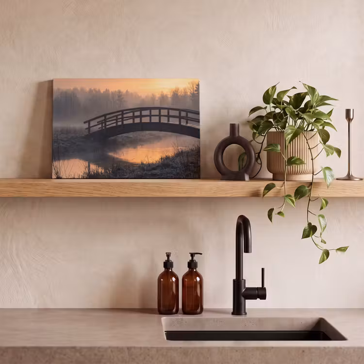 Leinwandbild - Brücke - Nebel - Bäume - Wasser — 3
