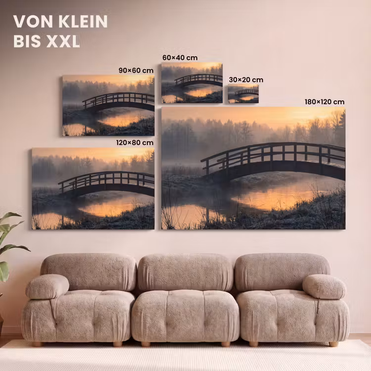 Leinwandbild - Brücke - Nebel - Bäume - Wasser — 6