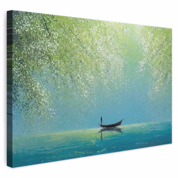 Leinwandbild - Boot - Wasser - Blätter - Blüten — 1