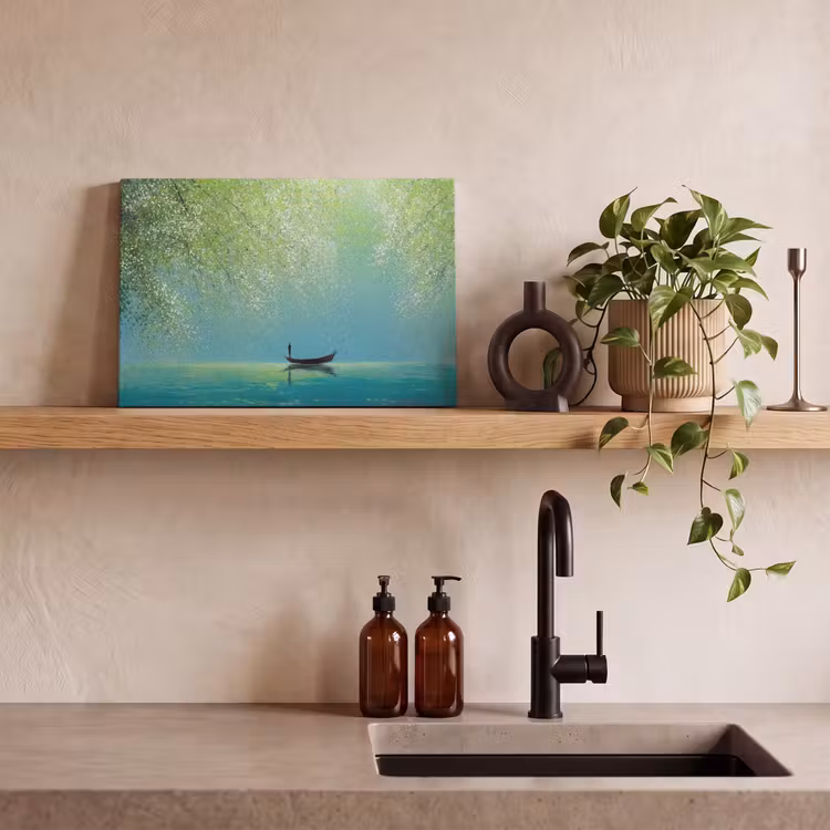 Leinwandbild - Boot - Wasser - Blätter - Blüten — 3