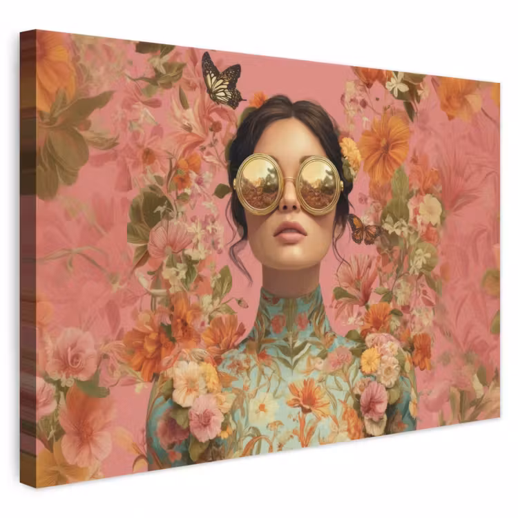 Leinwandbild - Frau - Brille - Rosa - Blumen — 1