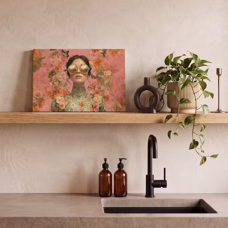Leinwandbild - Frau - Brille - Rosa - Blumen — 3