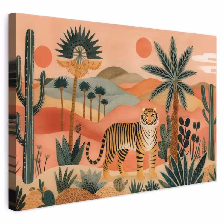 Leinwandbild - Tiger - Palmen - Kaktus - Orange — 1