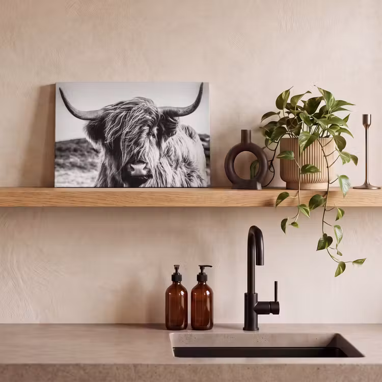 Leinwandbild - Schottischer Highlander - Nahaufnahme - Hörner - Mantel - Schwarz und weiß — 3