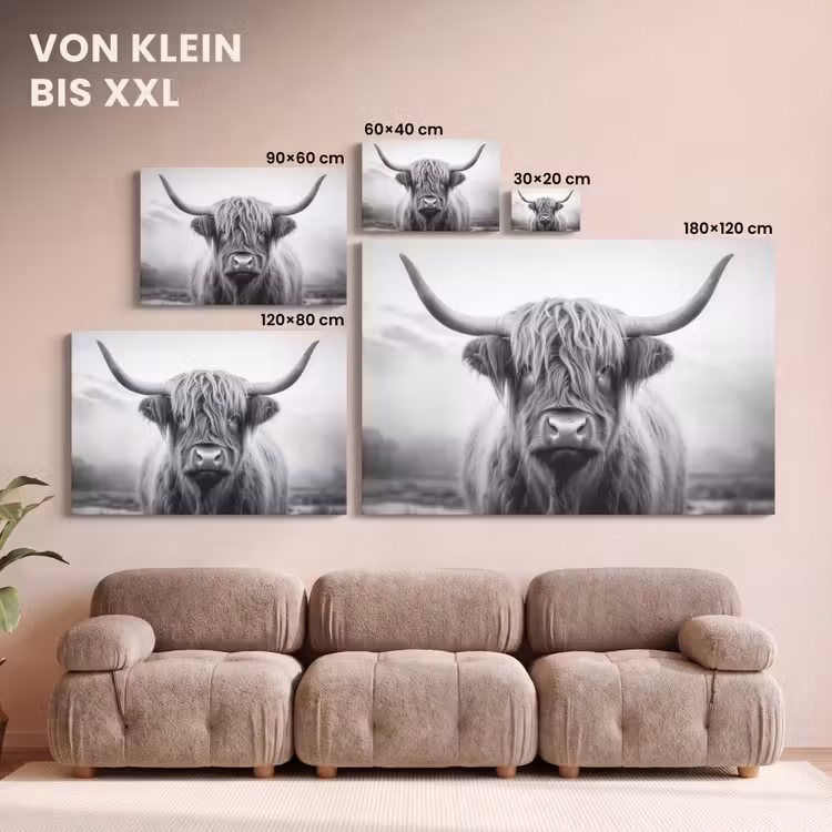 Leinwandbild - Schottischer Highlander - Nebel - Schwarz - Weiß — 6