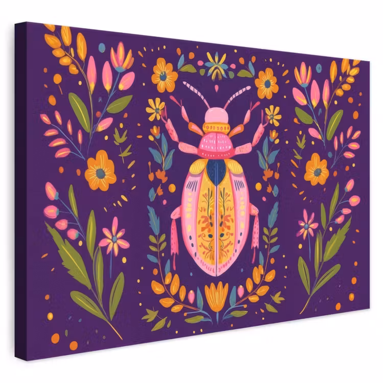 Leinwandbild - Käfer - Leuchtend bunt - Blüten - Blätter — 1