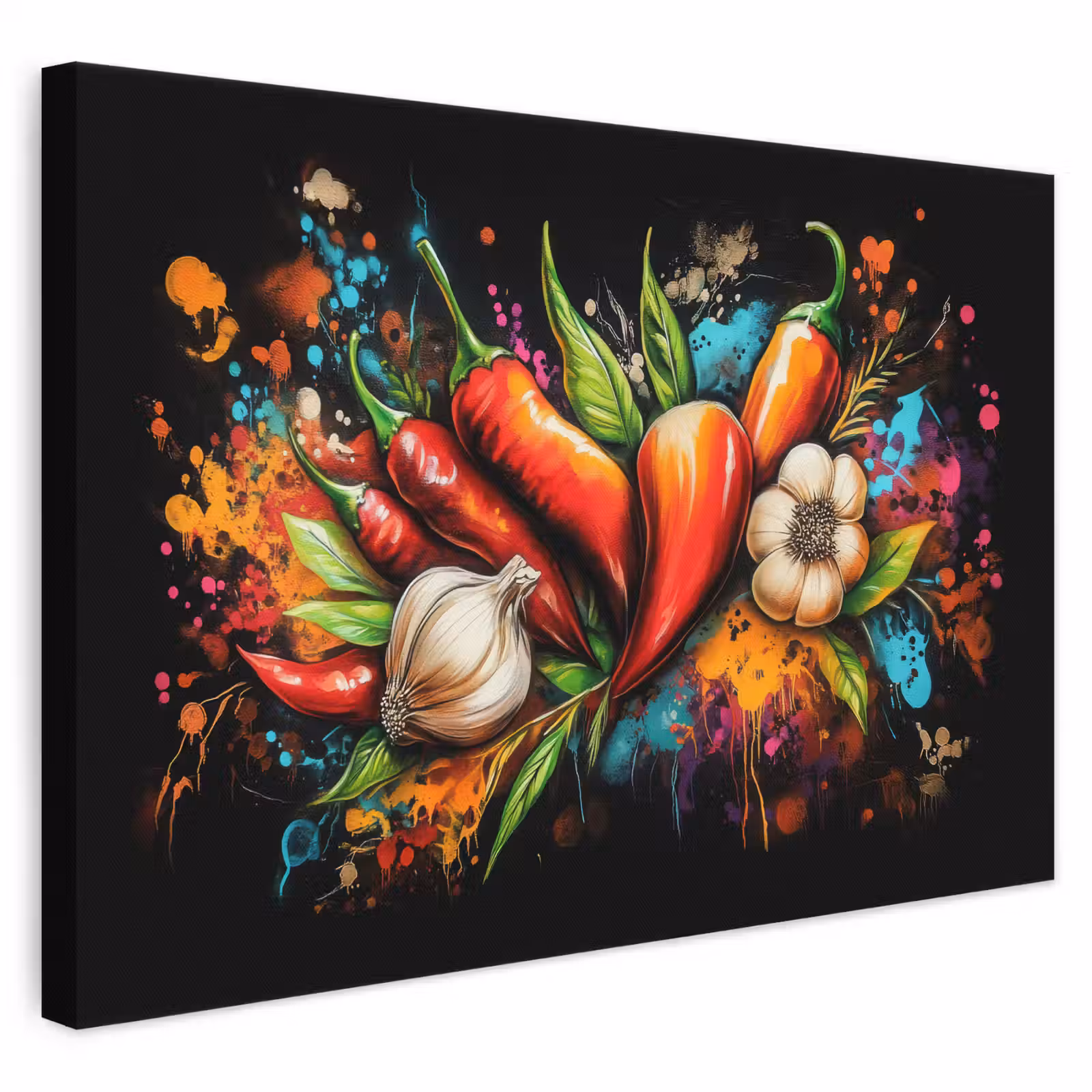 Leinwandbild - Gemüse - Paprika - Knoblauch - Graffiti - Farbe - Bunt — 1