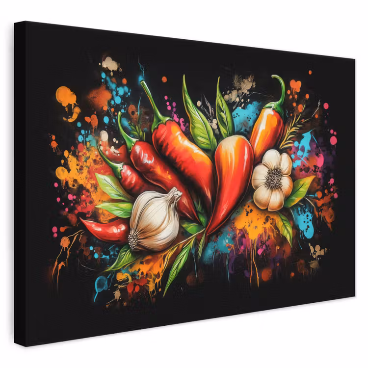 Leinwandbild - Gemüse - Paprika - Knoblauch - Graffiti - Farbe - Bunt — 1