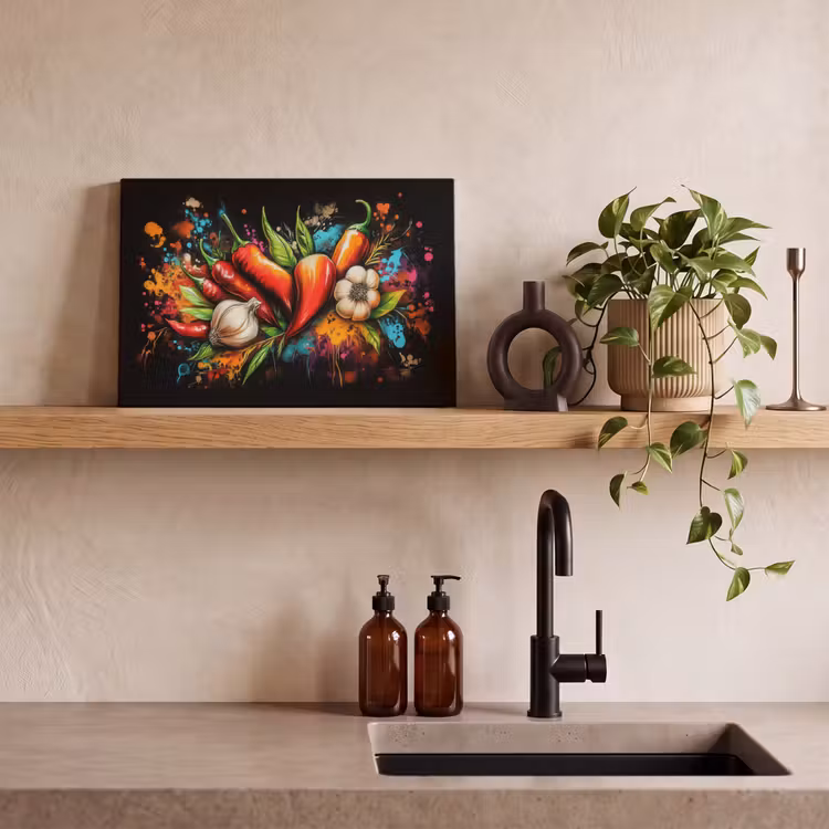 Leinwandbild - Gemüse - Paprika - Knoblauch - Graffiti - Farbe - Bunt — 3