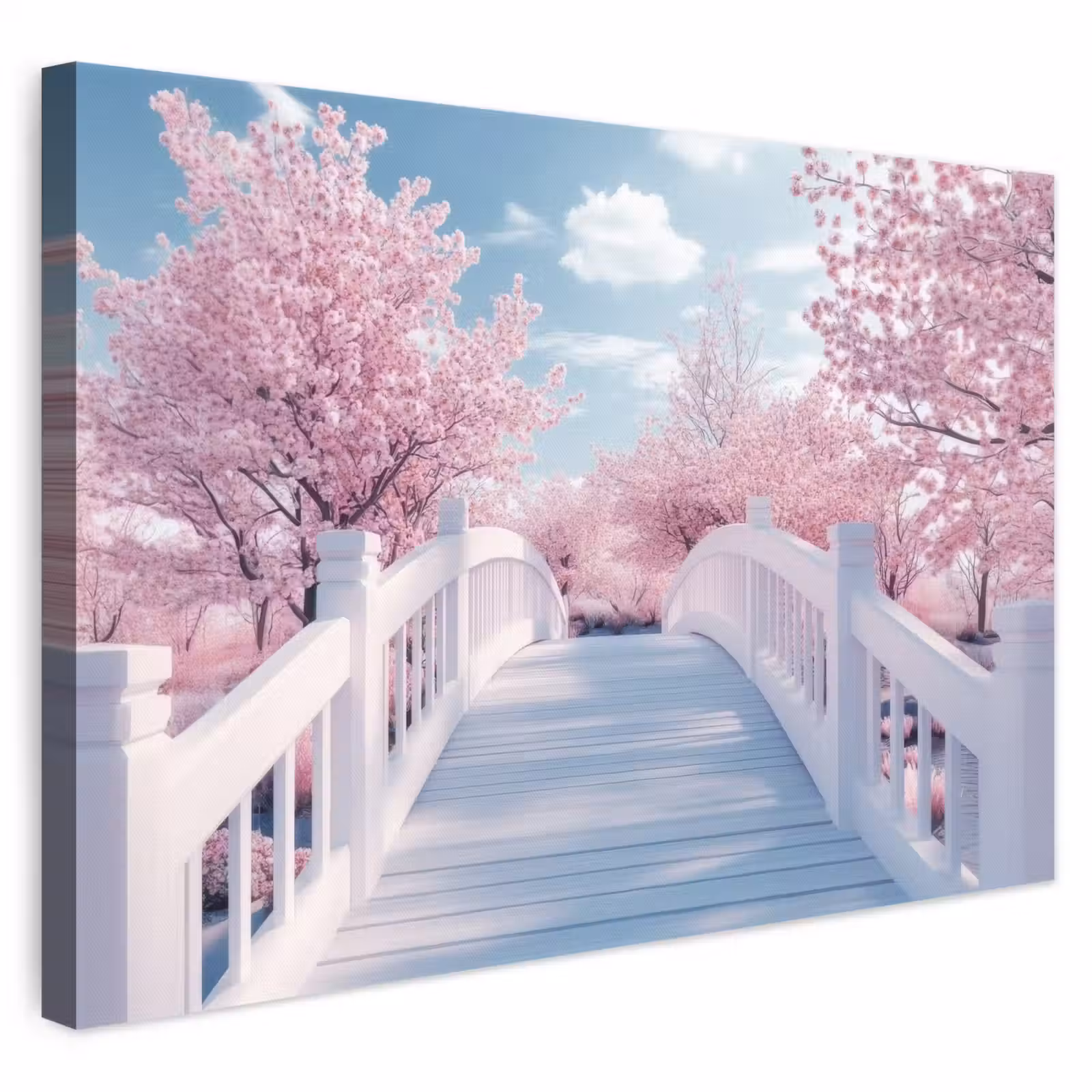 Leinwandbild - Brücke - Kirschbäume - Weiß — 1