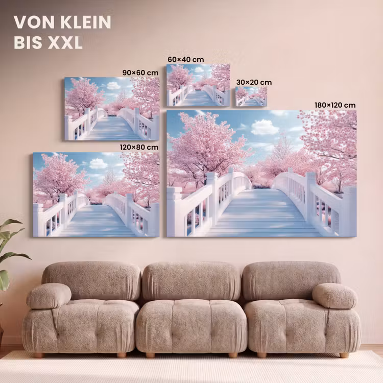 Leinwandbild - Brücke - Kirschbäume - Weiß — 6