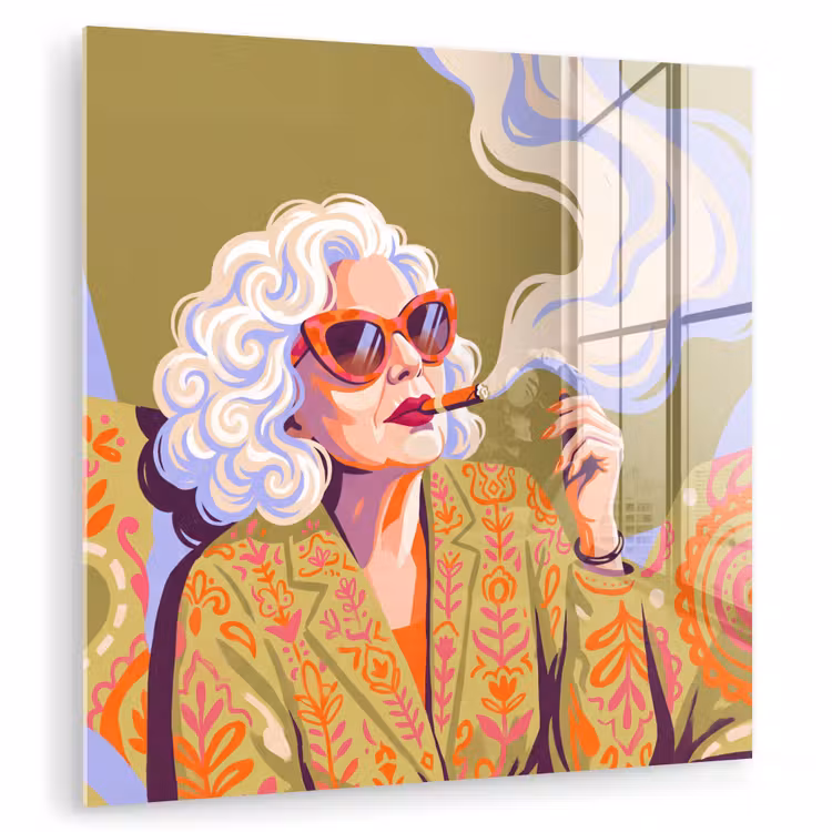 Glasbild - Frau – Sonnenbrille – Porträt – Modern – Farbenfroh — 1