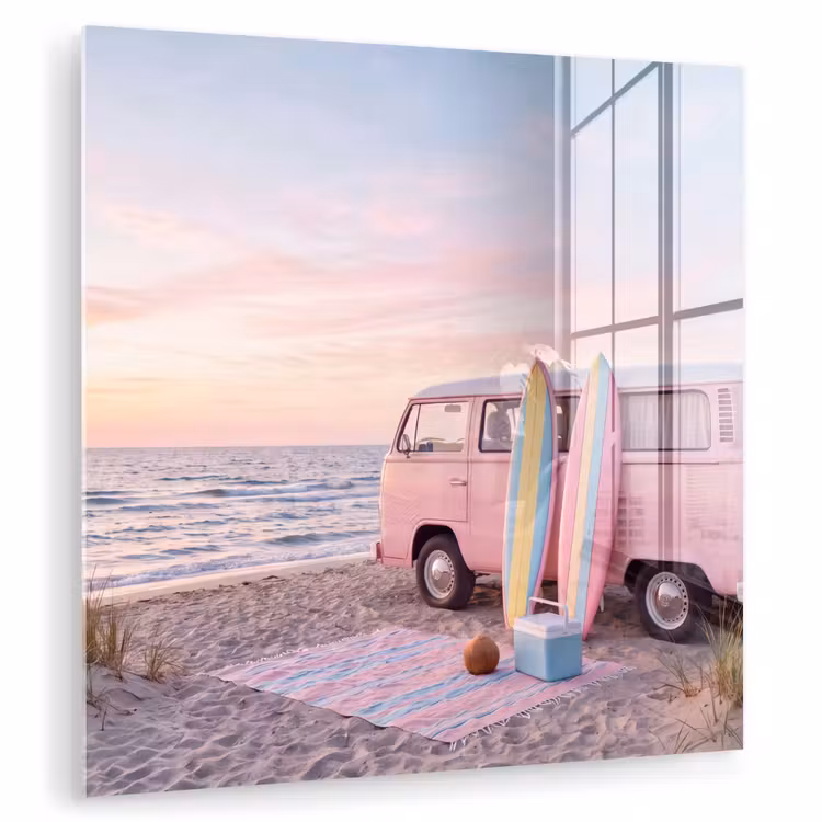 Glasbild - Kleinbus – Strand – Surfbrett – Sommer – Rosa — 1