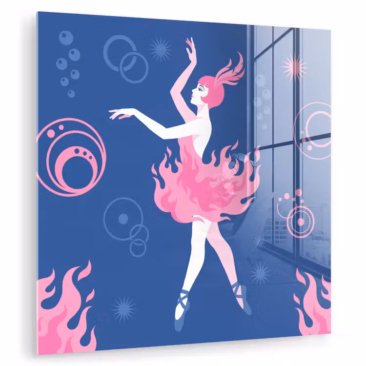 Glasbild - Tänzerin – Flammenrock – Abstrakt – Rosa – Blau — 1