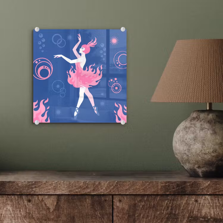 Glasbild - Tänzerin – Flammenrock – Abstrakt – Rosa – Blau — 4