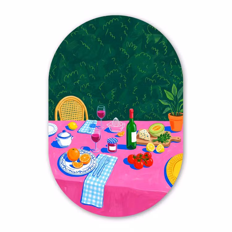 Alu-Dibond-Bild Oval - Essen – Tisch – Illustration — 1