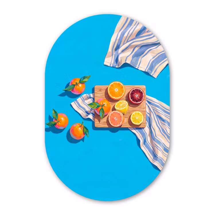 Alu-Dibond-Bild Oval - Obst – Schneidebrett – Blau — 1