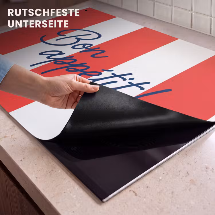 2-in-1 Herdabdeckplatte & Spritzschutz - Essen – Spruch – Küche – Grafik – Rot-Weiß — 4