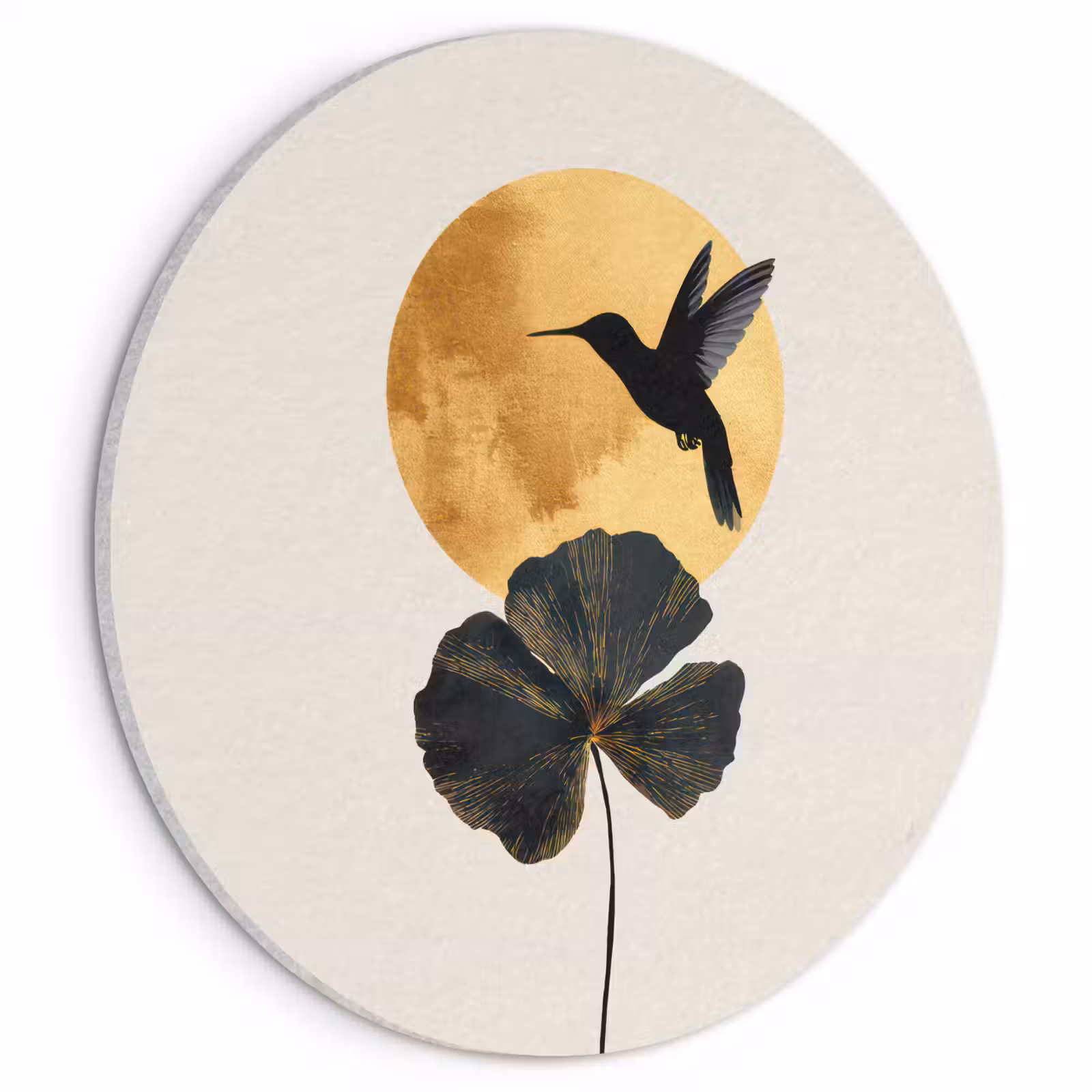 Akustikbild - Rund - Schwarzer Kolibri - Blume - Goldener Kreis — 1