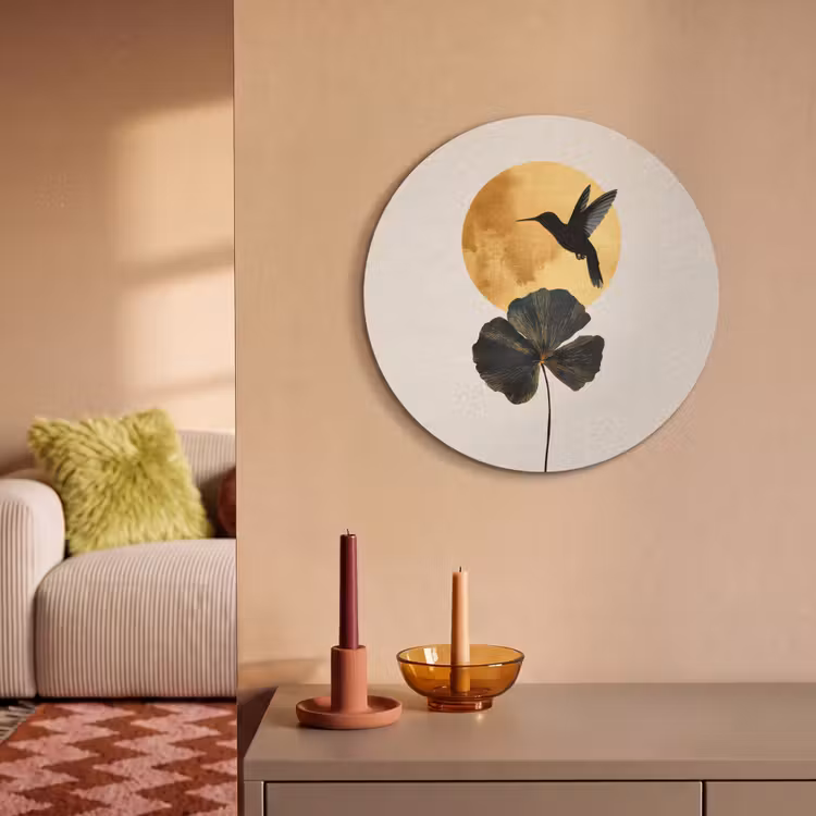 Akustikbild - Rund - Schwarzer Kolibri - Blume - Goldener Kreis — 2