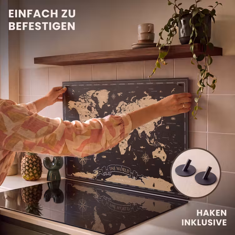 2-in-1 Herdabdeckplatte & Spritzschutz - Weltkarte - Beige - Schwarz — 7