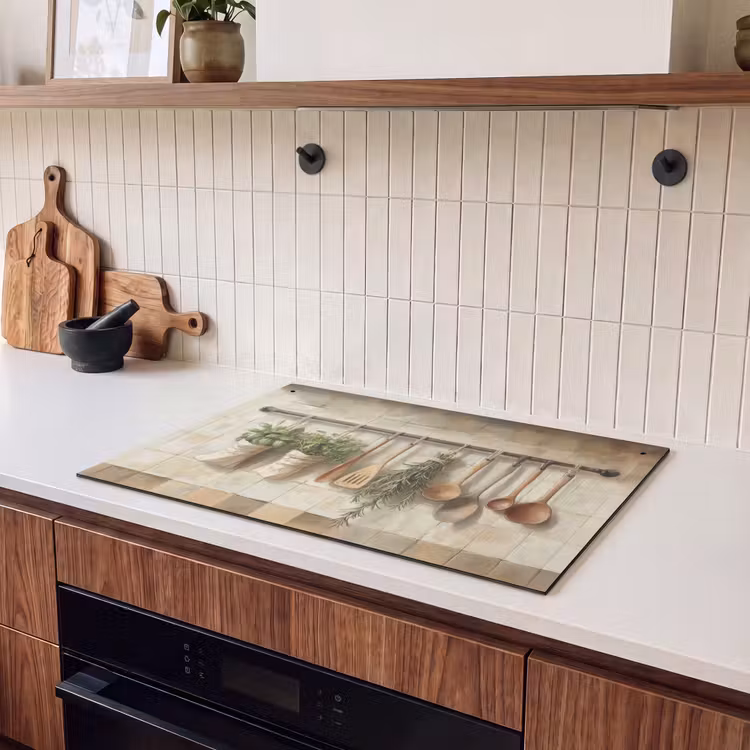 2-in-1 Herdabdeckplatte & Spritzschutz - Holz - Küchengeräte - Stilleben - Kacheln — 2