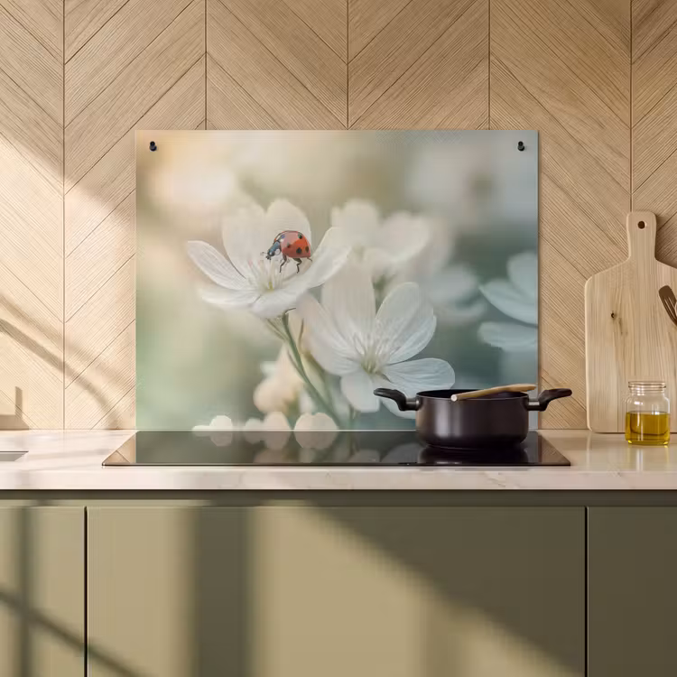 2-in-1 Herdabdeckplatte & Spritzschutz - Marienkäfer - Blumen - Weiß — 3