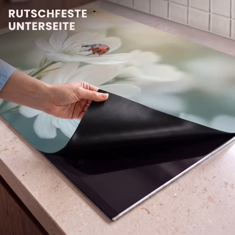 2-in-1 Herdabdeckplatte & Spritzschutz - Marienkäfer - Blumen - Weiß — 4