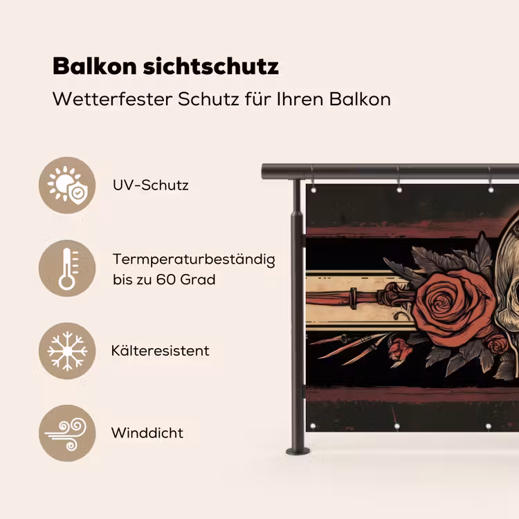 Balkonsichtschutz - Totenkopf - Rosen - Gotisch — 3