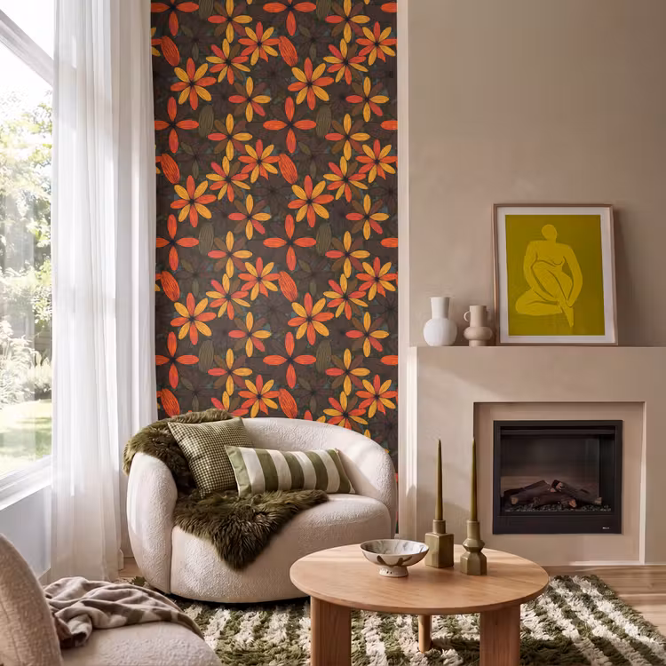 Tapete - Orange – Retro – Blumen – Herbst — 1