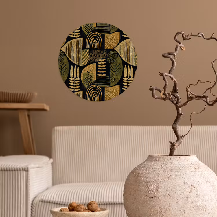 Runde Tapete - Schwarz – Ockergelb – Botanisch – Textur — 2
