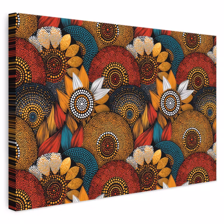 Leinwandbild - Farbenfroh – Aborigine – Punktmalerei – Botanisch – Muster — 1
