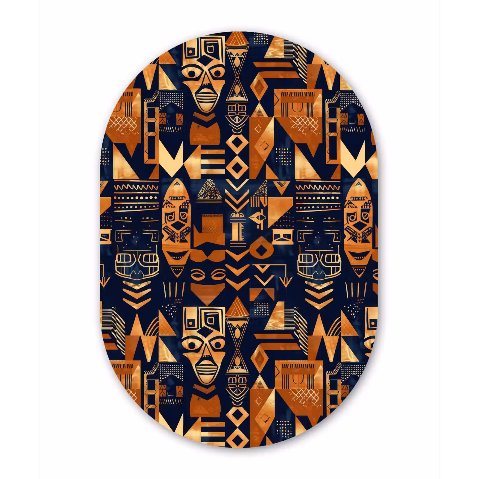 Glasbild Oval - Nachtblau – Kupfer – Tribal – Masken — 1