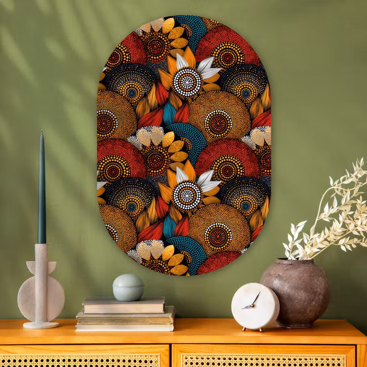Glasbild Oval - Farbenfroh – Aborigine – Punktmalerei – Botanisch – Muster — 2