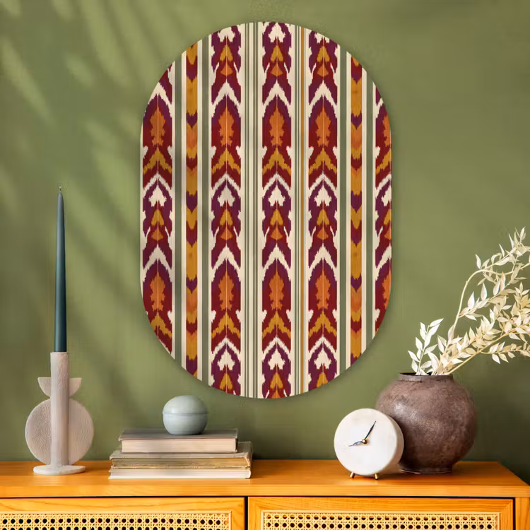 Glasbild Oval - Ikat – Bordeauxrot – Ethno – Muster — 2