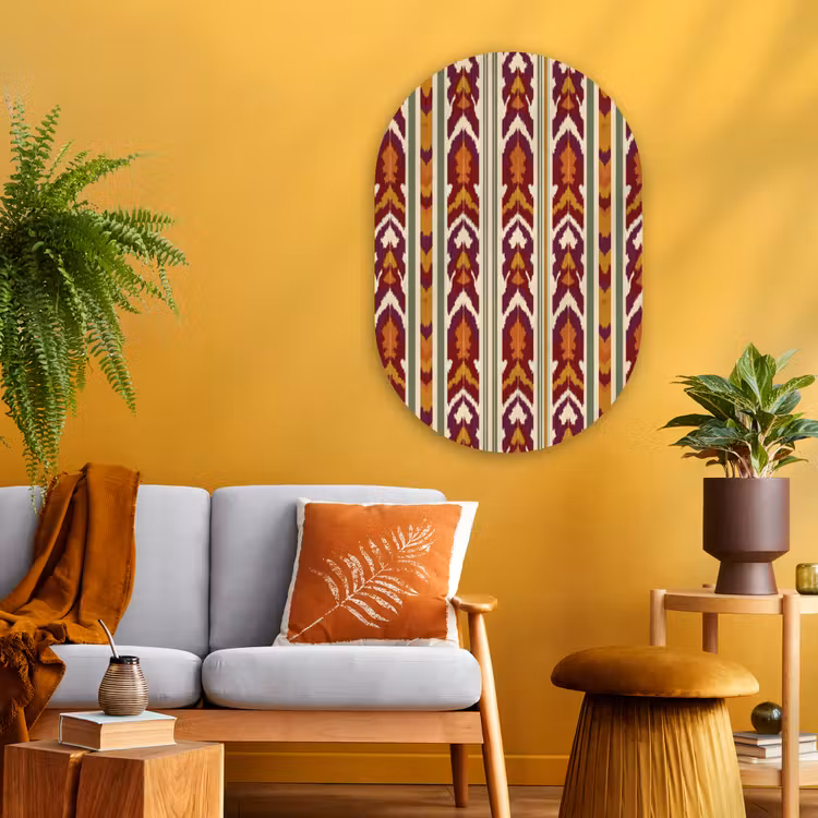 Glasbild Oval - Ikat – Bordeauxrot – Ethno – Muster — 3