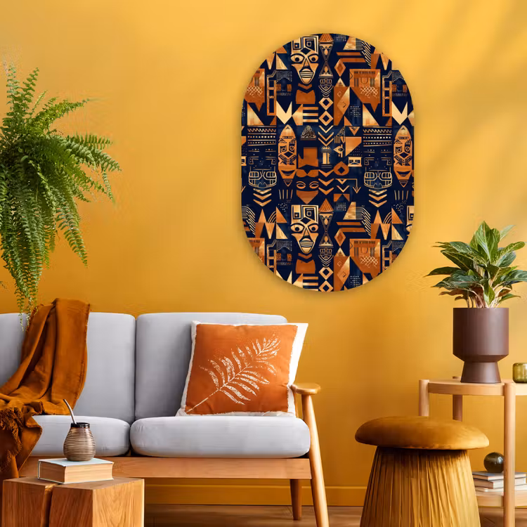 Glasbild Oval - Nachtblau – Kupfer – Tribal – Masken — 3