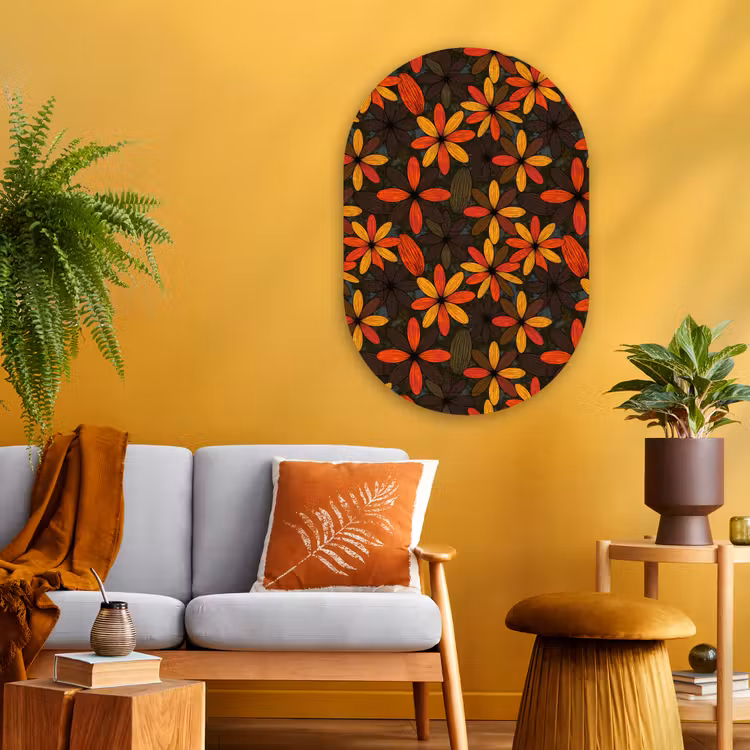 Glasbild Oval - Orange – Retro – Blumen – Herbst — 3