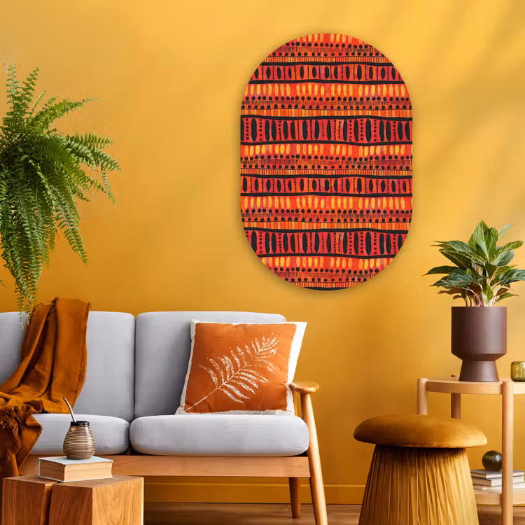 Glasbild Oval - Rot – Orange – Ethnisch – Ausdrucksstark – Muster — 3