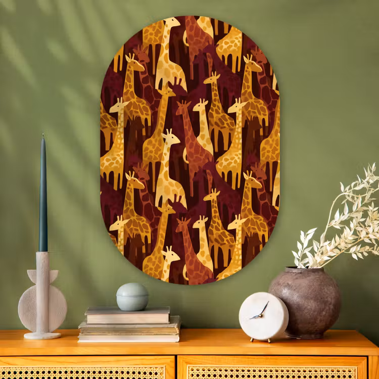 Glasbild Oval - Braun – Giraffen – Safari – Muster — 2
