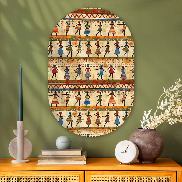 Glasbild Oval - Farbenfroh – Afrikanisch – Ethnisch – Tanzende Frauen – Muster — 2