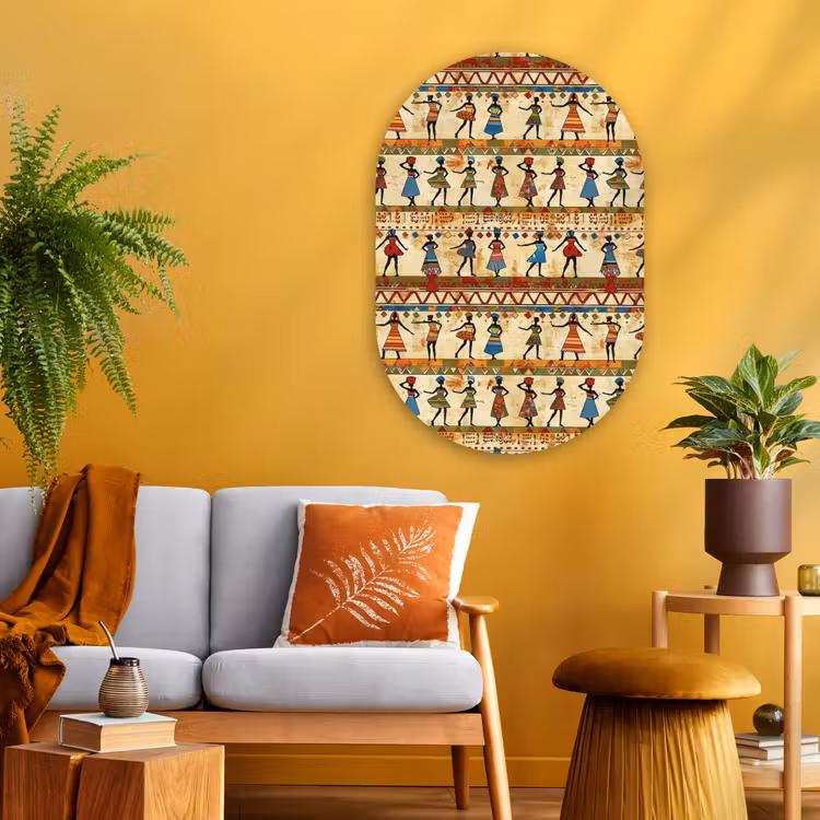 Glasbild Oval - Farbenfroh – Afrikanisch – Ethnisch – Tanzende Frauen – Muster — 3