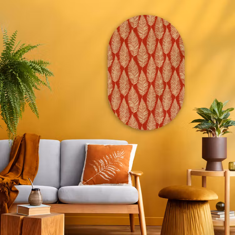 Glasbild Oval - Rot – Botanisch – Farn – Muster — 3