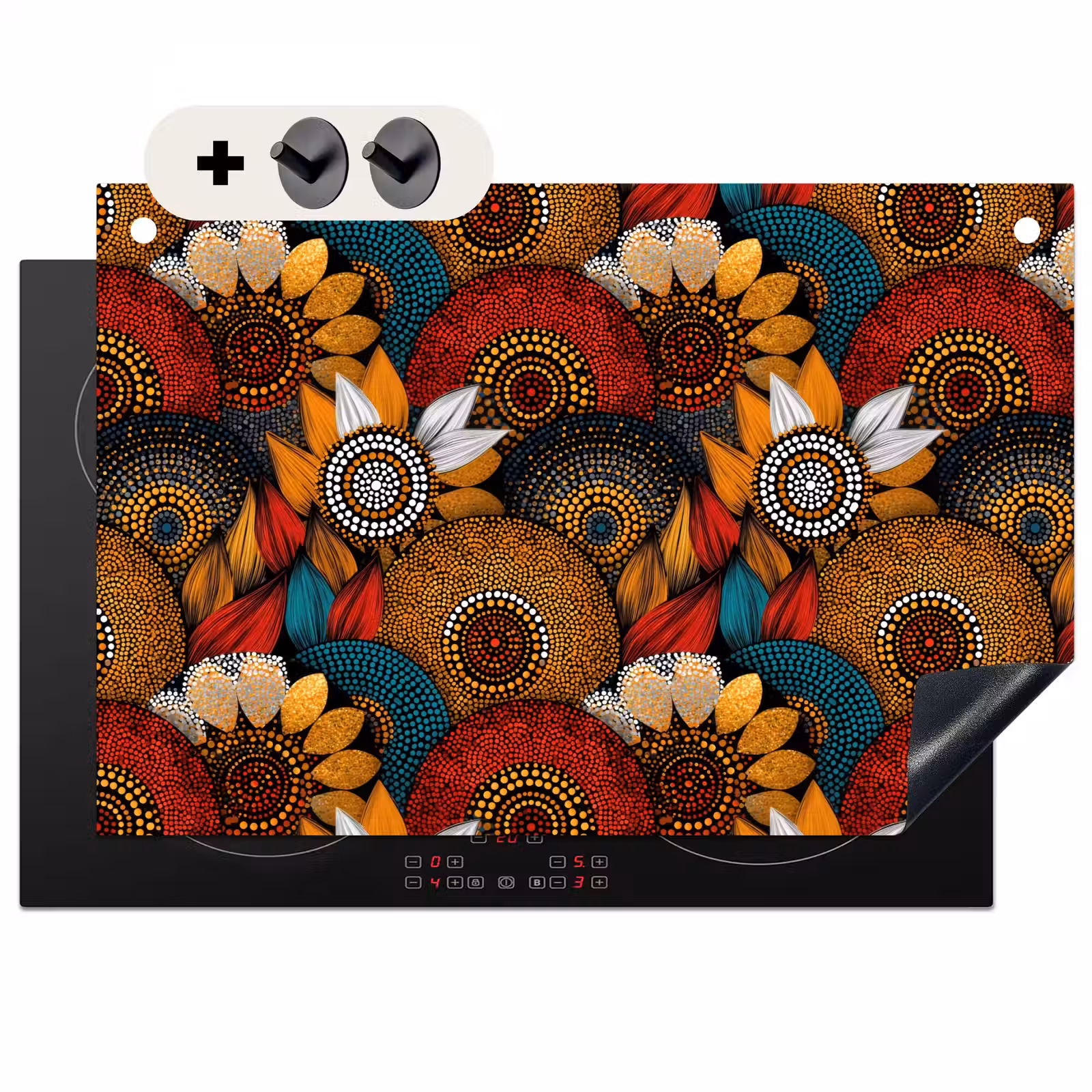 2-in-1 Herdabdeckplatte & Spritzschutz - Farbenfroh – Aborigine – Punktmalerei – Botanisch – Muster — 1