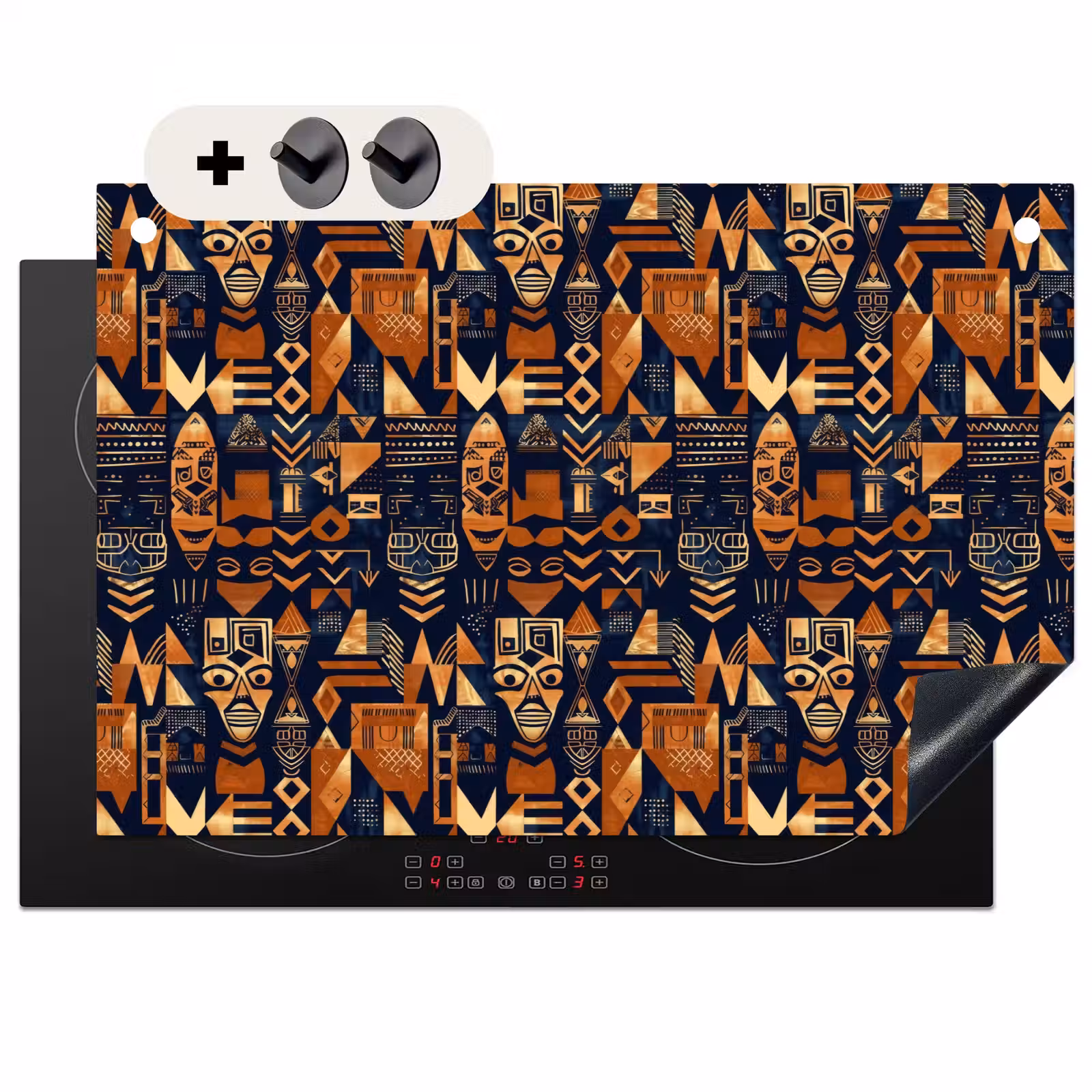 2-in-1 Herdabdeckplatte & Spritzschutz - Nachtblau – Kupfer – Tribal – Masken — 1