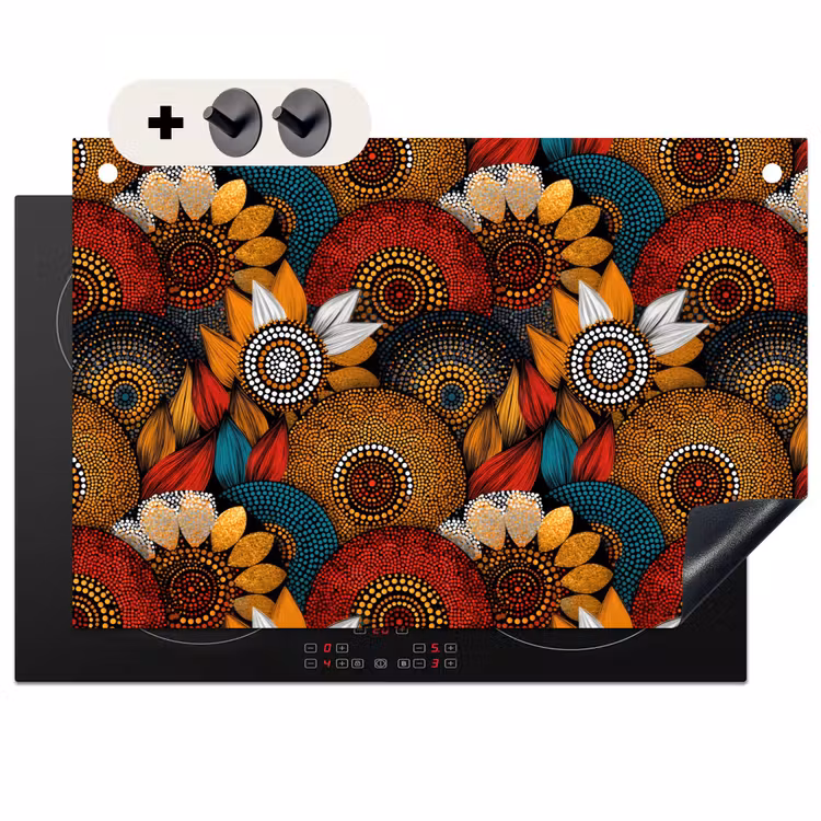 2-in-1 Herdabdeckplatte & Spritzschutz - Farbenfroh – Aborigine – Punktmalerei – Botanisch – Muster — 1